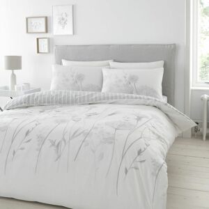 Meadowsweet Floral Print Easy Care Reversible Duvet Cover Set, White/Grey, Double - Catherine Lansfield