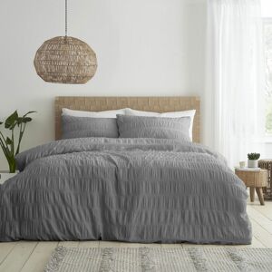 Catherine Lansfield - Seersucker Banded Textured Cotton Rich Duvet Cover Set, Grey, Single