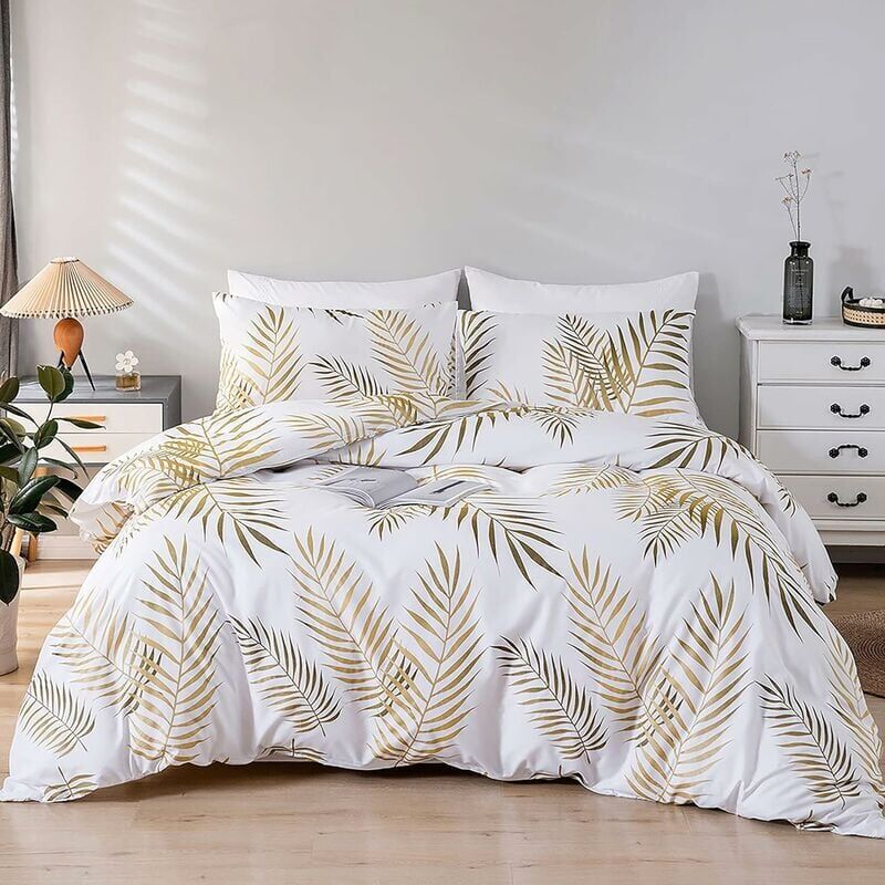 3-piece bedding set with golden tropical leaves duvet cover, 2x pillowcases 50x75cm and duvet cover 168x229cm Denuotop