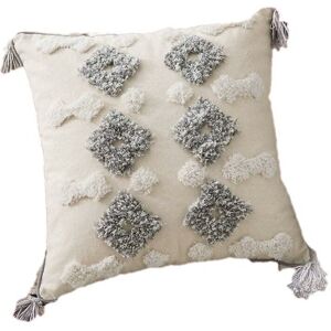 PESCE Decorative Throw Pillow Cover Tribal Boho Woven Tufted Pillowcase with Tassels Grey and Cream White