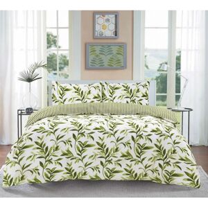 Homespace Direct - Ellie Green Watercolour Leaves Duvet Cover Set Striped Reverse Fully Reversible Bedding - Double - Green