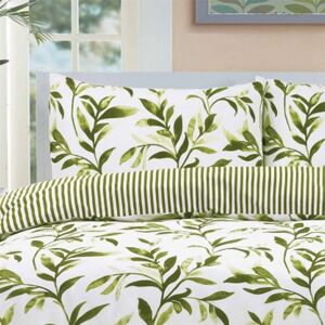 Homespace Direct - Ellie Green Watercolour Leaves Duvet Cover Set Striped Reverse Fully Reversible Bedding - King - Green