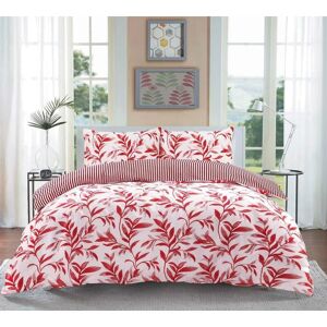 Homespace Direct - Ellie Red Watercolour Leaves Duvet Cover Set Striped Reverse Fully Reversible Bedding - King - Red