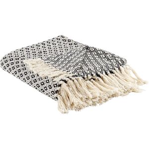 Beliani - Geometric Pattern Blanket Cotton Hand-Woven Accessory 125 x 150 cm Fringes Black and White Chyama - Black