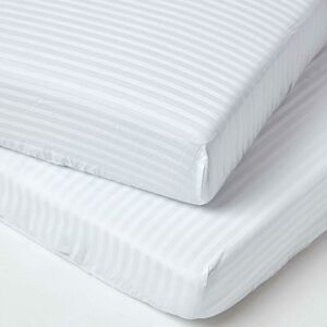 HOMESCAPES White Cotton Stripe Fitted Cot Sheets 330 Thread Count, 2 Pack - White - White