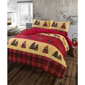 Kampala Hill - Flannelette Tartan Stag Brushed Cotton Duvet Cover Set Bedding Set Red Double - Red