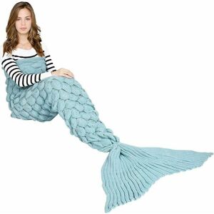 HOOPZI Mermaid Tail Blanket, All Seasons Warm Bed Blanket Sofa Quilt Living Room Sleeping Bag for Kids and Adults, Fish Scales, 190 x 90 cm - Light Blue