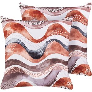 BELIANI Set of 2 Garden Cushions Outdoor Scatter Pillow 45 x 45 cm Polyester Abstract Motif Waves Pattern Square Brown Seborga - Brown