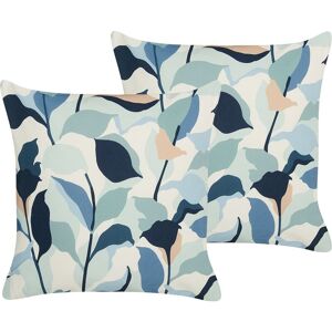 BELIANI Set of 2 Garden Cushions Outdoor Scatter Pillow 45 x 45 cm Polyester Leaf Pattern Blue Veglino - Blue