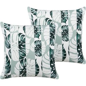 BELIANI Set of 2 Garden Cushions Outdoor Scatter Pillow 45 x 45 cm Polyester Leaf Striped Pattern Green Termini - Green
