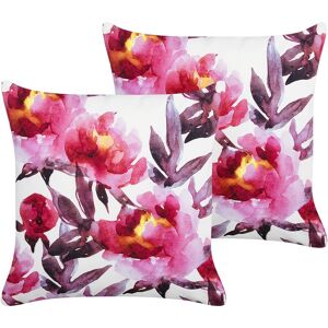 Beliani - Set of 2 Garden Cushions Outdoor Scatter Pillow 45 x 45 cm Square Polyester Floral Pattern White and Pink Lanrosso - White