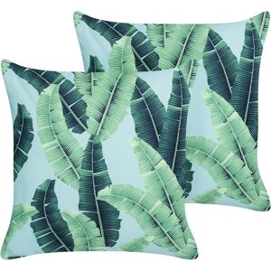 BELIANI Set of 2 Outdoor Garden Scatter Cushions Throw Pillows Cover Leaves Motif 45 x45 cm Polyester Green Boissano - Green