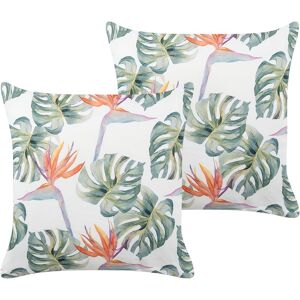 BELIANI Set of 2 Outdoor Garden Scatter Cushions Throw Pillows Cover Monstera Leaves Motif 45x45 cm Polyester Multicolour Torrazzo - Multicolour