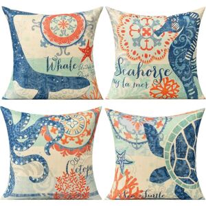 ALWAYSH Decorative Nautical Cushion Covers for Outdoor, Beach, Vintage Coastal Cushion, Mediterranean Style Starfish Pillow Case, 18x18, 4 Pack for Decor,