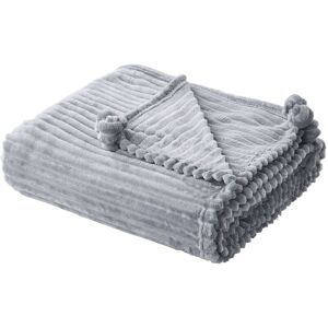 Beliani - Blanket Throw Grey Polyester Ribbed with Pom Poms 150 x 200 cm Kaweri Beliani - Blanket Throw Grey Polyester Ribbed with Pom Poms 150 x 200 cm Kaweri