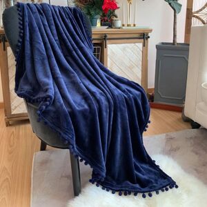 Memkey - Flannel Blanket with Pompom, Nap Blanket, Cozy Bed Blanket, Soft Throw Blanket for Sofa Bed, Suitable for All Seasons (Dark Blue, 150 x 200 Memkey - Flannel Blanket with Pompom, Nap Blanket, Cozy Bed Blanket, Soft Throw Blanket for Sofa Bed, Suitable for All Seasons (Dark Blue, 150 x 200
