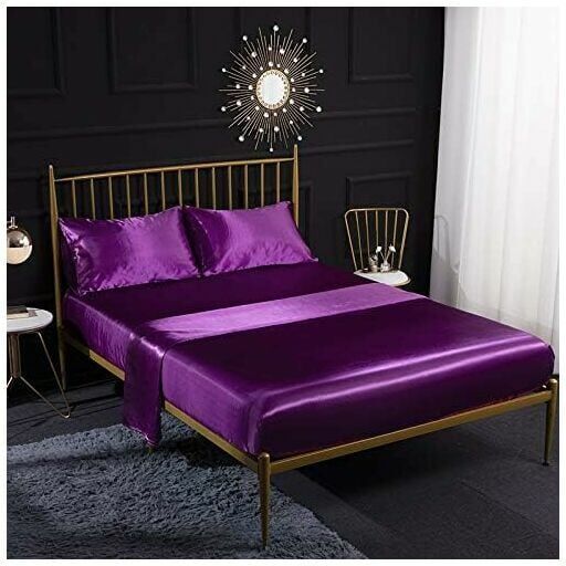 HOOPZI 4pcs Cream Silk Satin Bedding Set with Fitted Sheet, Flat Sheet, Pillowcase, Breathable, Soft and Comfortable for Double Bed (Purple) 138x190x35cm