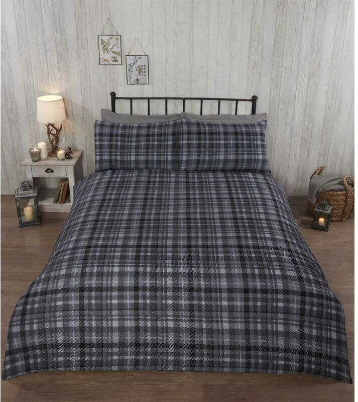 Rapport Home - Angus Stag Grey Single Duvet Cover Set 100% Brushed Cotton Reversible Checked Duvet Set
