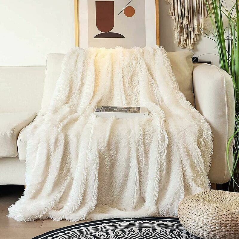 DEWDAT Blanket 200x230 cm, Super Soft and Fluffy Fleece Throw, High Quality Faux Fur Throw, Warm and Cozy Fleece Throw, Sofa Throw, Bedspreads, Cream White