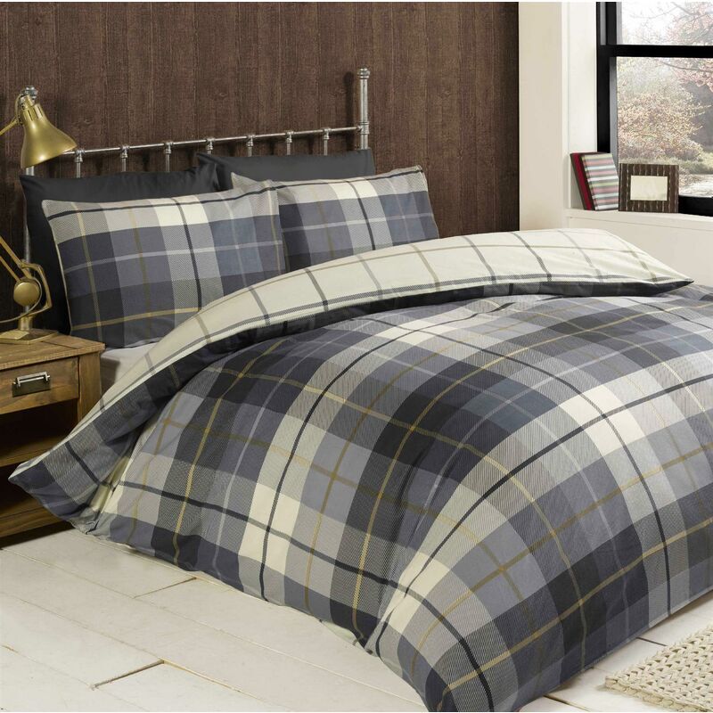 NONE Brushed Cotton Bedding Tartan Duvet Cover Set Warm Soft Quilt Cover Bed Set