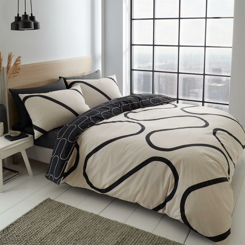 Catherine Lansfield - Portfolio Home Linear Curve Geometric Duvet Cover Set Black Kingsize Bedding Set