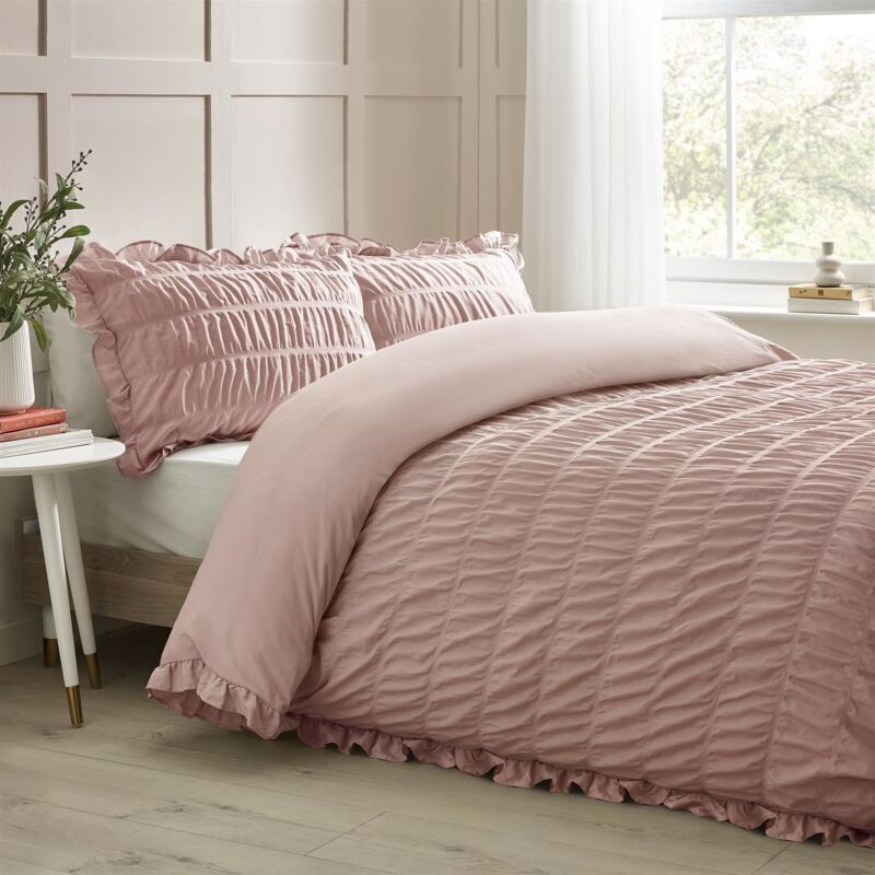 Catherine Lansfield Seersucker Frill Pink Duvet Cover Set King Bedding Set