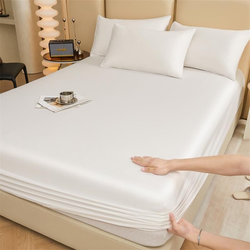 Tonchean - Mattress Protector 200 x 180 cm, Queen Fitted Sheet for Double Bed, Cotton Fabric, 30 cm Deep Pocket Fitted Sheet, Non-Slip Design (White,