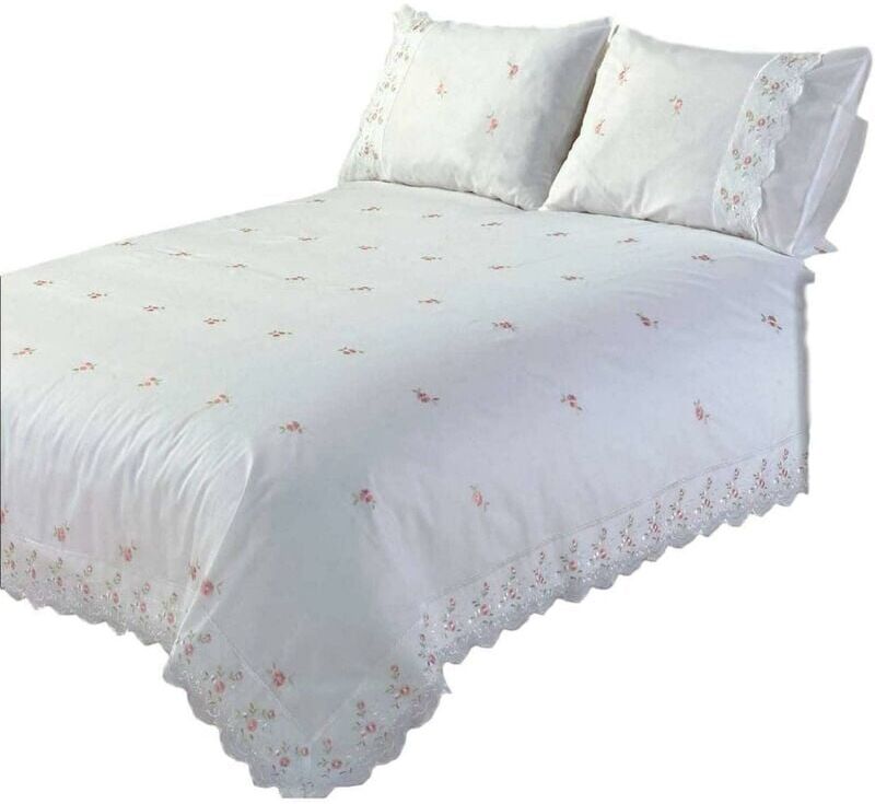 RAPPORT HOME Sophie Duvet Quilt Cover Floral Lace Trim Embroidered Bed Set, Polyester-Cotton, White, Double