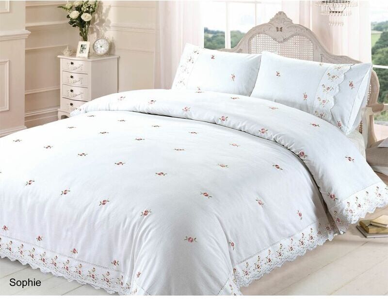 Rapport Home - Sophie Duvet Quilt Cover Floral Lace Trim Embroidered Bed Set, Polyester-Cotton, White, Super King