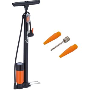 Relaxdays - Floor Pump with Pressure Gauge, Double Head, 3 Attachments, High Pressure, Universal, All Valves, Black/Orange