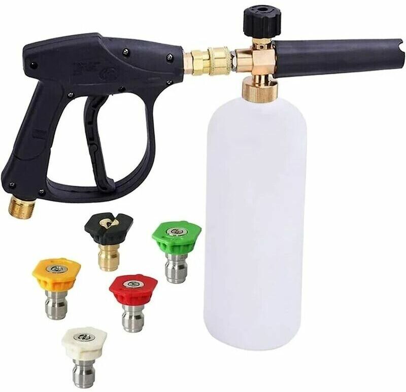 Dewdat - High Pressure Foam Cannon Gun, 1L Adjustable 1/4 Quick Snow Foam Lance Soap Dispenser Bottle with 5 Nozzles and Foam Lance Gun for Car Wash