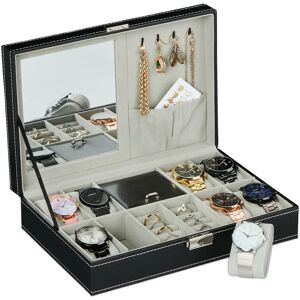 Watch Box, Jewellery Storage, Velvet, Mirror, Leather Design, 8 Compartments, HxWxD 8 x 30 x 20.5 cm, Black - Relaxdays