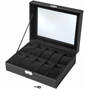 TECTAKE Watch box incl. key 10 compartments - watch case, watch holder, watch display case - black - black