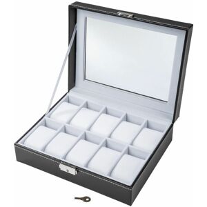 TECTAKE Watch box incl. key 10 compartments - watch case, watch holder, watch display case - white - white