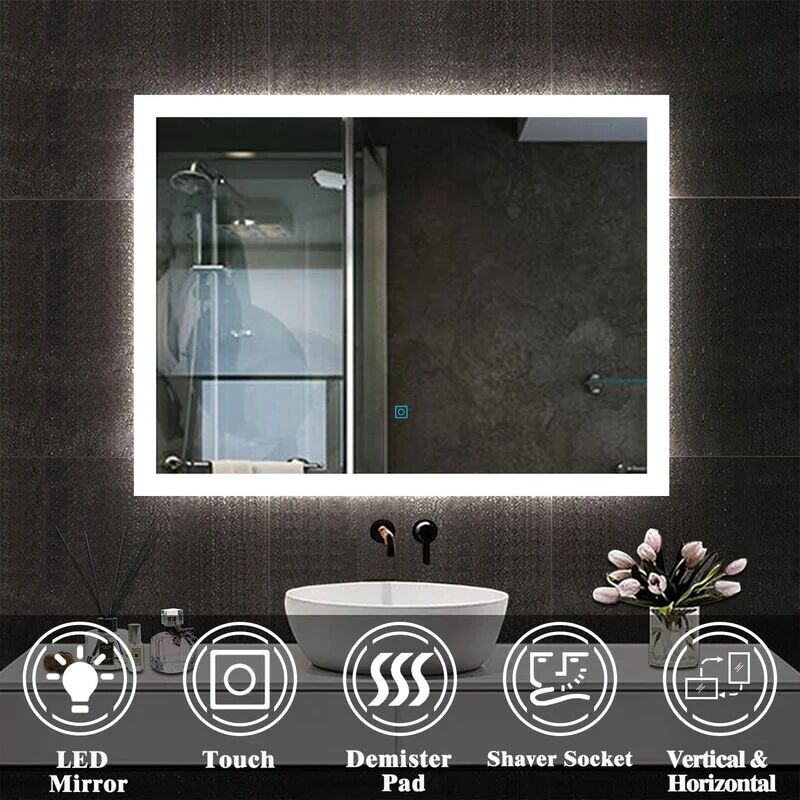 Bathroom Mirror with Shaver Socket, Wall Mounted led Mirror, Dimmable & Demister, 600x800mm Horizontal / Vertical - Acezanble