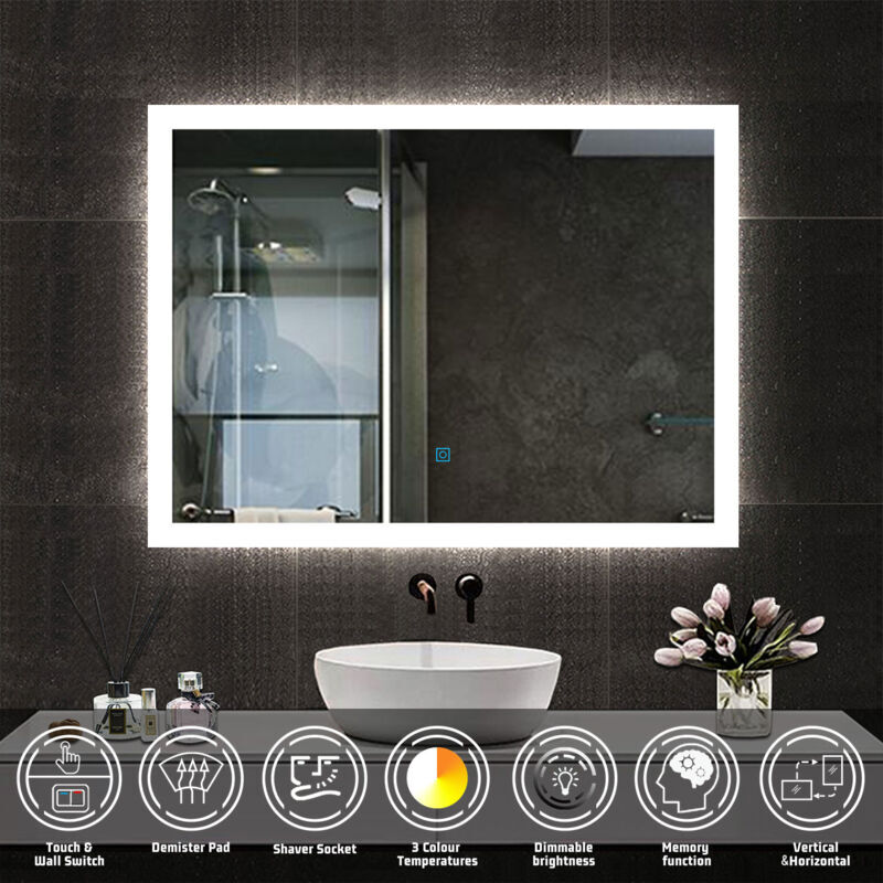 ACEZANBLE Bathroom Mirror with Shaver Socket, Wall Mounted led Mirror with 3 Colors Lighting Modes, Dimmable & Demister, 600x800mm Horizontal / Vertical