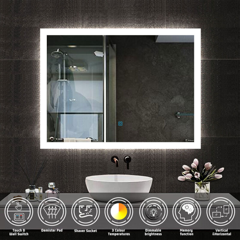 Acezanble - Bathroom led Mirror with Shaver Socket, Wall Mounted led Mirror with 3 Colors Lighting Modes, Dimmable & Demister, 500x700mm Horizontal /