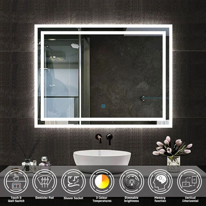 ACEZANBLE Bathroom led Mirror with Shaver Socket, Bathroom Mirrors with 3 Colors Lights, Dimmable & Demister, Wall Switch Touch Switch 600x800mm Horizontal /