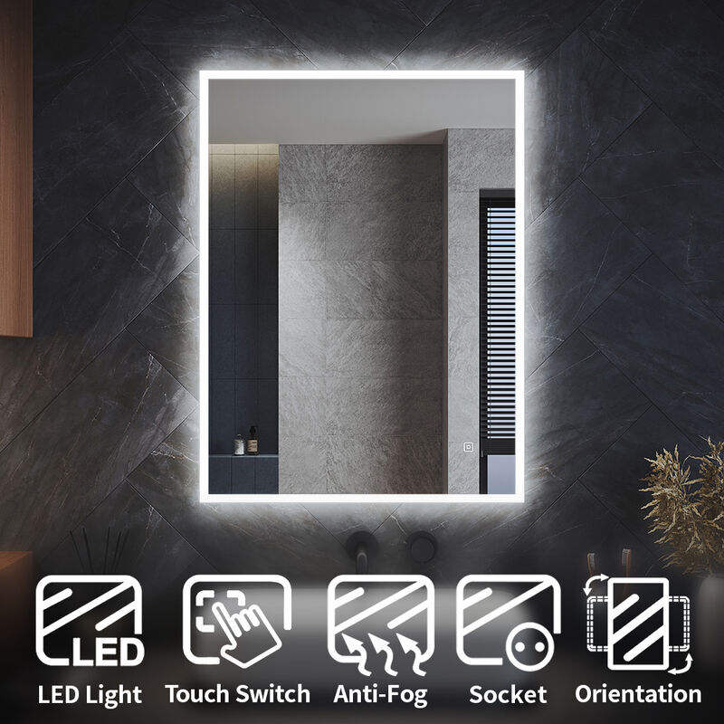 Elegant - Backlit Bathroom led Mirror with Shaver Socket 800x600mm Wall Mounted Bathroom Mirror with led Lights Demister Pad Touch Switch