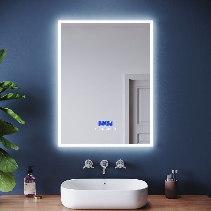 Bathroom led Mirror with Shaver Socket Backlit Wall Mounted Bathroom Mirror with Bluetooth Clock DateDemister Pad 600x800 For Shaving Makeup - Elegant