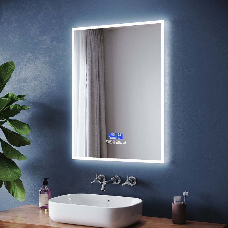 Bathroom led Mirror with Shaver Socket with Demister Pad Wall Mounted Bathroom Makeup Mirror 600x800mm Bluetooth Clock and date Touch Sensor - Elegant