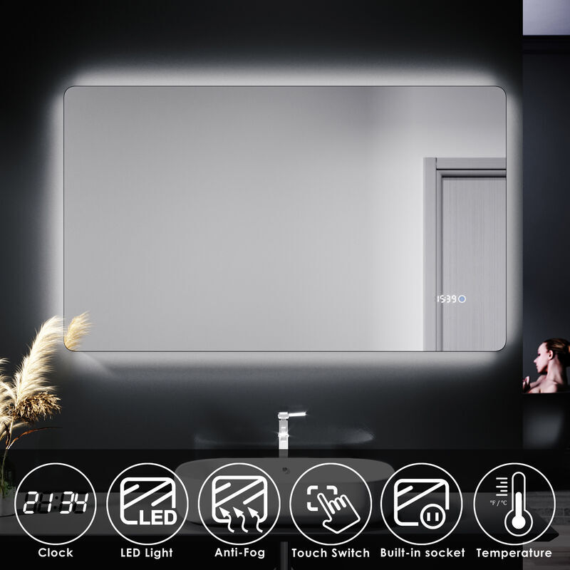 Elegant - Bathroom led Mirror and Shaver Socket Wall Mounted 1000 x 600 mm Clock Temperature Display Anti Fog Mirror