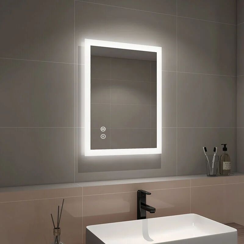450 x 600 mm Illuminated Bluetooth Bathroom Mirror with Shaver Socket, Bathroom led Mirror with Touch, Anti-Fog - Emke