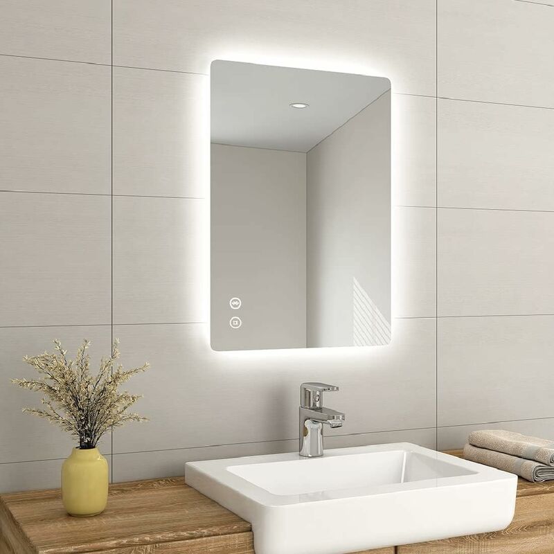 EMKE Backlit Illuminated Bluetooth Bathroom Mirror with Shaver Socket, Wall Mounted Multifunction Vanity Mirror with led Lights and Demister, Fuse,