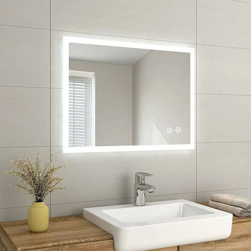 Emke - Backlit Illuminated Bluetooth Bathroom Mirror with Shaver Socket, Wall Mounted Multifunction Vanity Mirror with led Lights and Demister, Fuse,