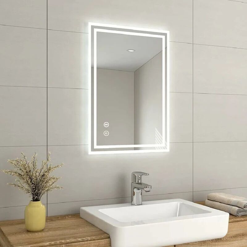 EMKE Backlit Illuminated Bluetooth Bathroom Mirror with Shaver Socket, Wall Mounted Multifunction Vanity Mirror with led Lights and Demister, Fuse,