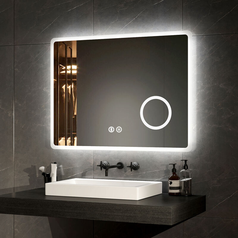 Emke - Bluetooth Illuminated Bathroom Mirror with Shaver Socket Dimmable Bathroom led Mirror with Demister, 3X Magnifier, 600x800mm