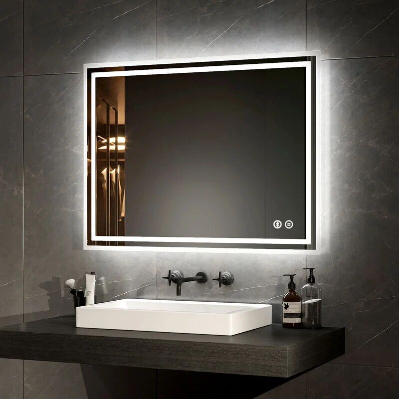 Bluetooth Illuminated Bathroom Mirror with Shaver Socket Dimmable Bathroom led Mirror with Demister, Fuse, 600x800MM - Emke