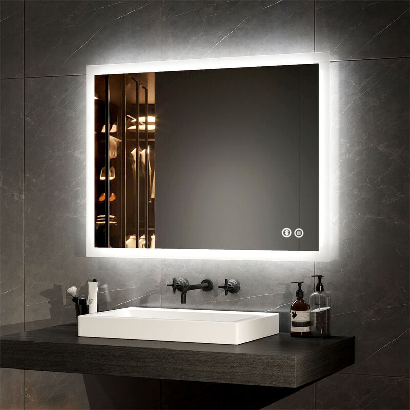 Emke - Bluetooth Illuminated Bathroom Mirror with Shaver Socket Dimmable Bathroom led Mirror with Demister, Fuse, 600x800mm