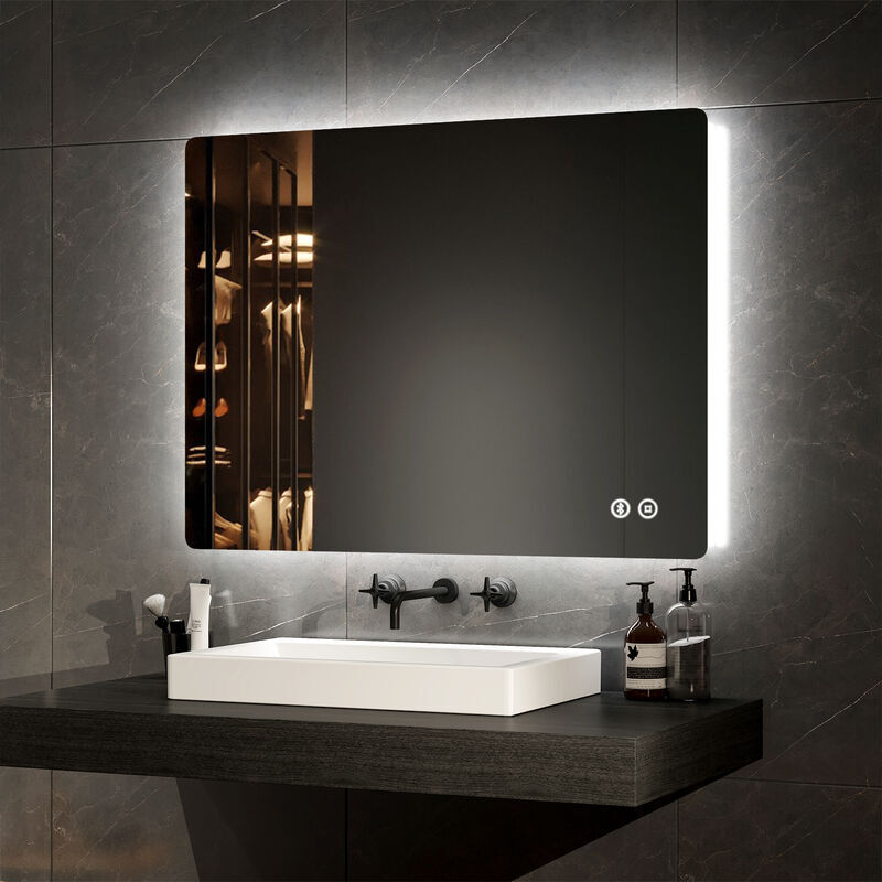 Bluetooth Illuminated Bathroom Mirror with Shaver Socket Dimmable Bathroom led Mirror with Demister, Fuse, 60x80CM - Emke
